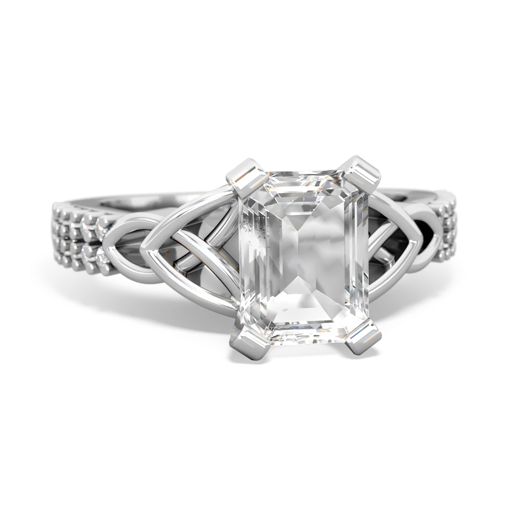 White Topaz Celtic Knot 8X6 Emerald-Cut Engagement 14K White Gold ring R26448EM