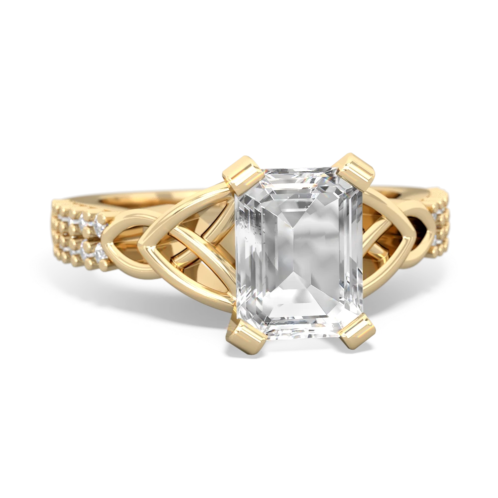 White Topaz Celtic Knot 8X6 Emerald-Cut Engagement 14K Yellow Gold ring R26448EM