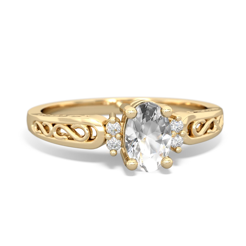 White Topaz Filligree Scroll Oval 14K Yellow Gold ring R0812