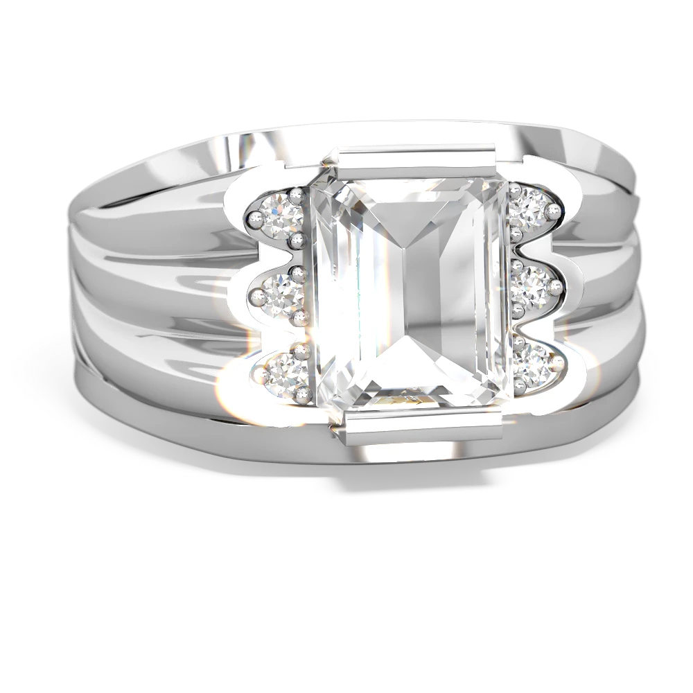 White Topaz Men's 9X7mm Emerald-Cut 14K White Gold ring R1835