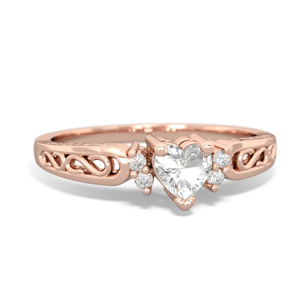 White Topaz Filligree Scroll Heart 14K Rose Gold ring R2429