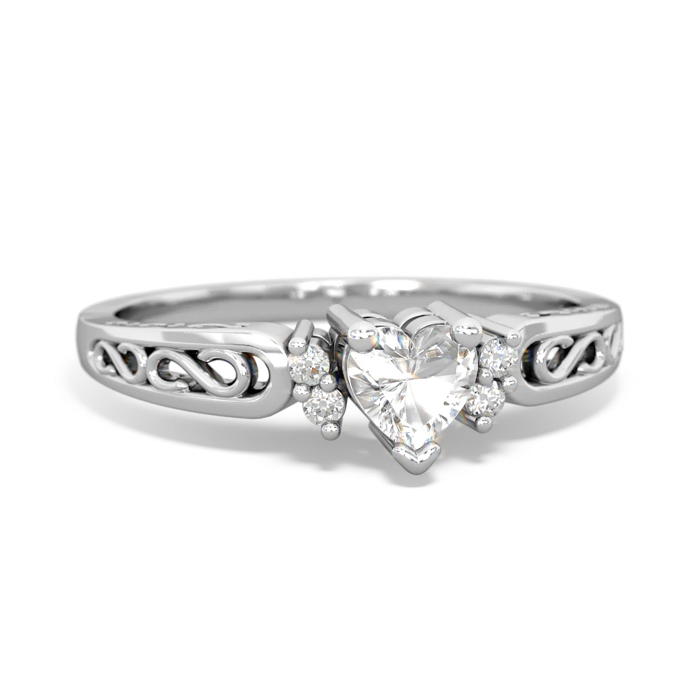 White Topaz Filligree Scroll Heart 14K White Gold ring R2429