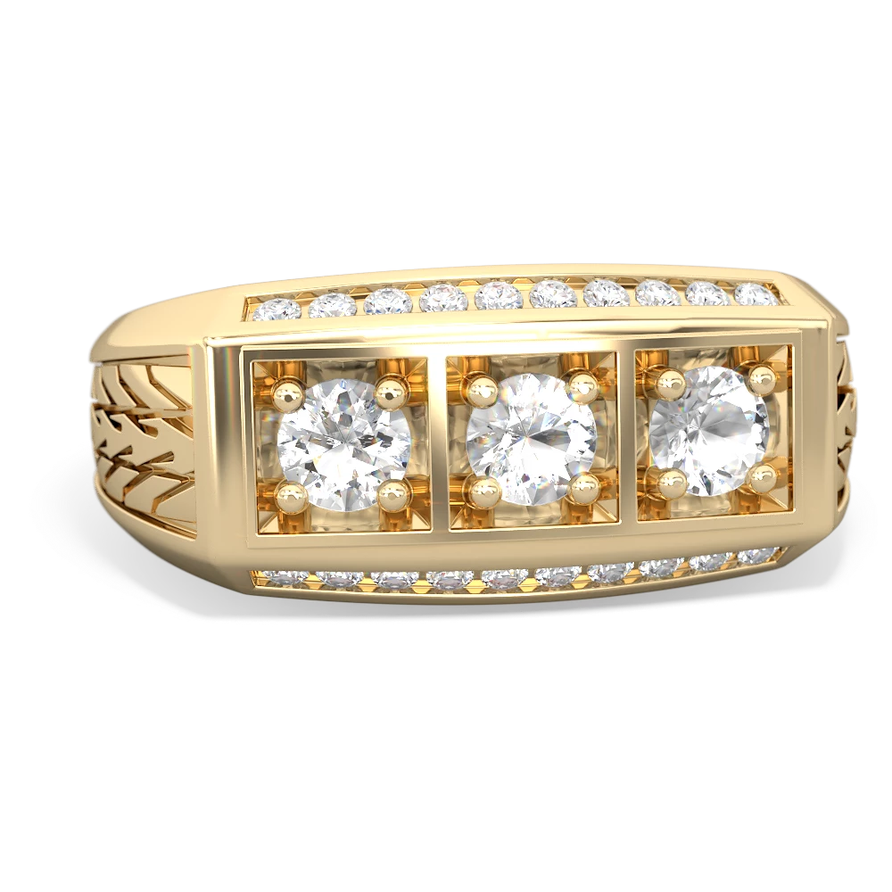 White Topaz Three Stone Tire Tread Men's 14K Yellow Gold ring R0520