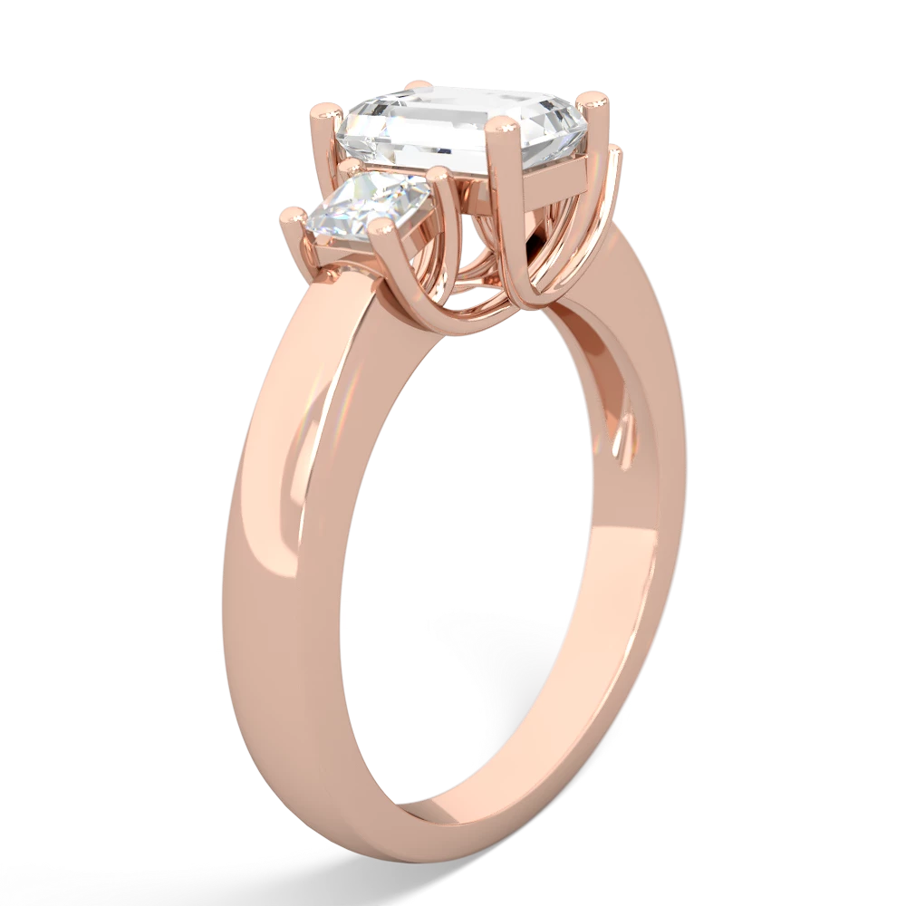 White Topaz Diamond Three Stone Emerald-Cut Trellis 14K Rose Gold ring R4021