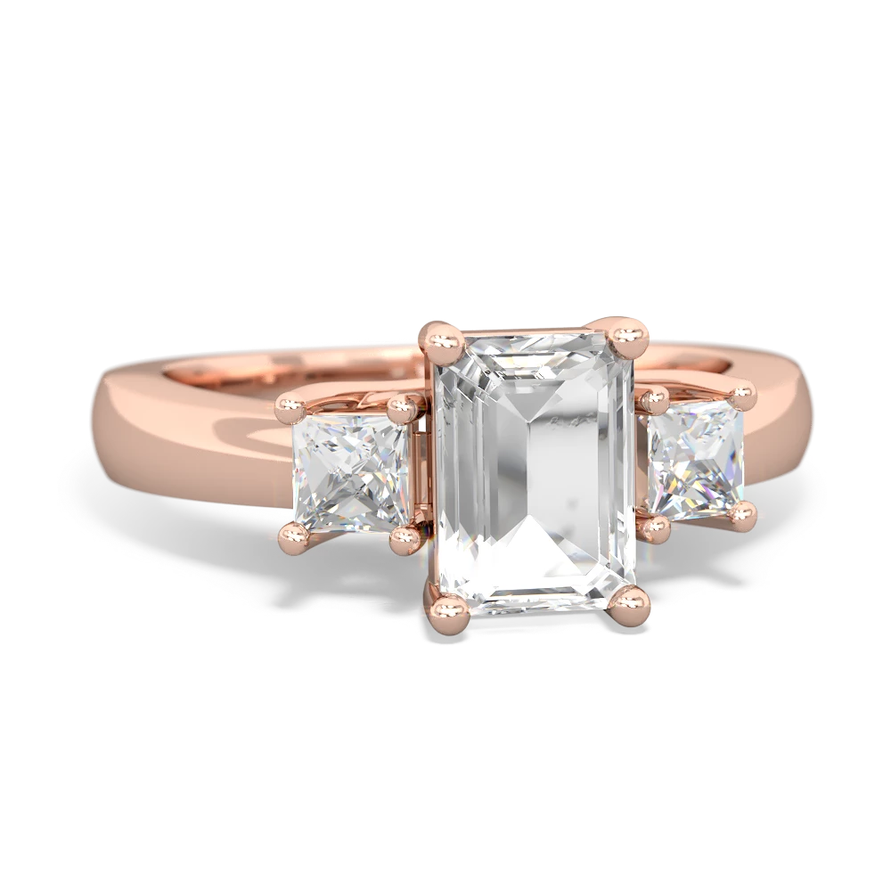 White Topaz Diamond Three Stone Emerald-Cut Trellis 14K Rose Gold ring R4021