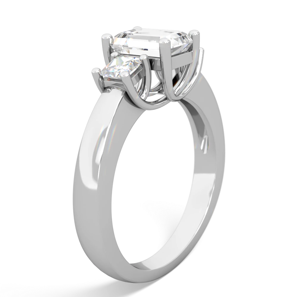 White Topaz Diamond Three Stone Emerald-Cut Trellis 14K White Gold ring R4021