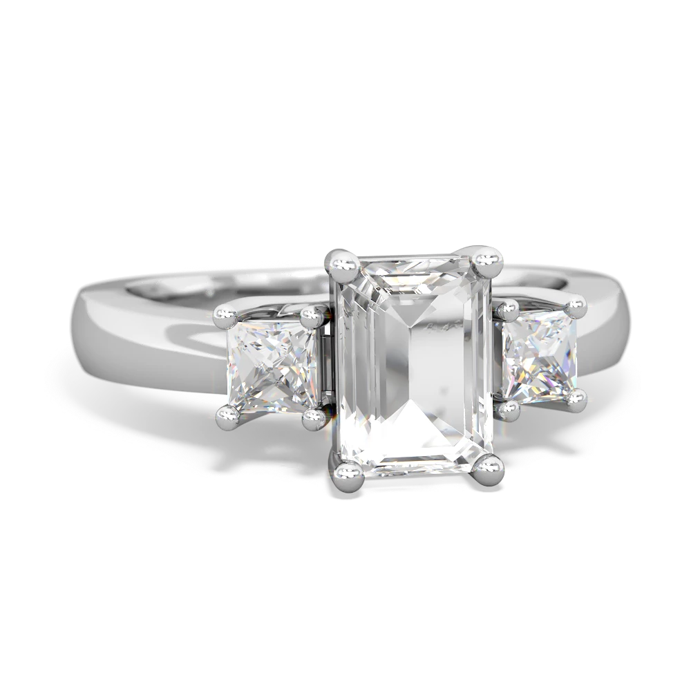 White Topaz Diamond Three Stone Emerald-Cut Trellis 14K White Gold ring R4021