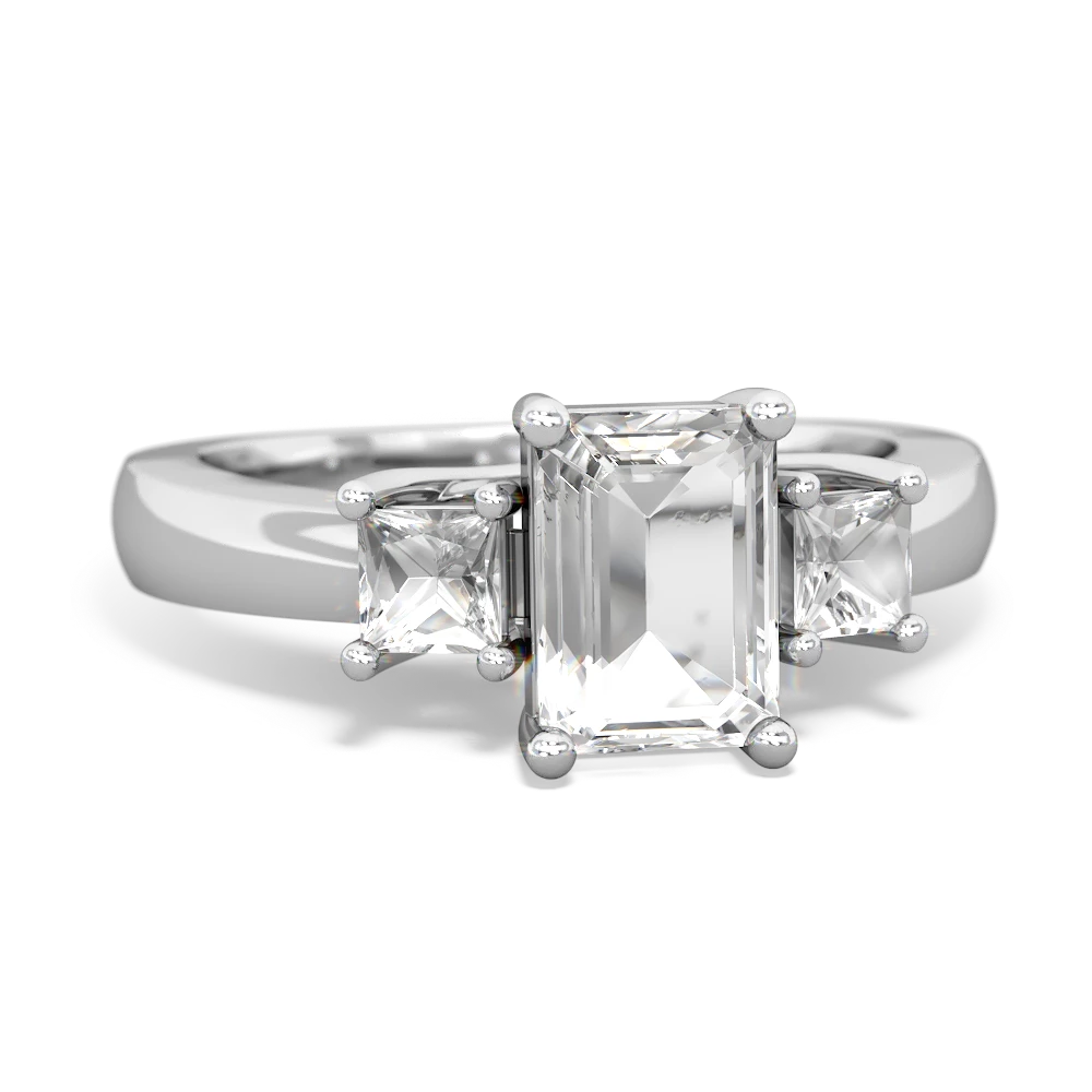 White Topaz Three Stone Emerald-Cut Trellis 14K White Gold ring R4021