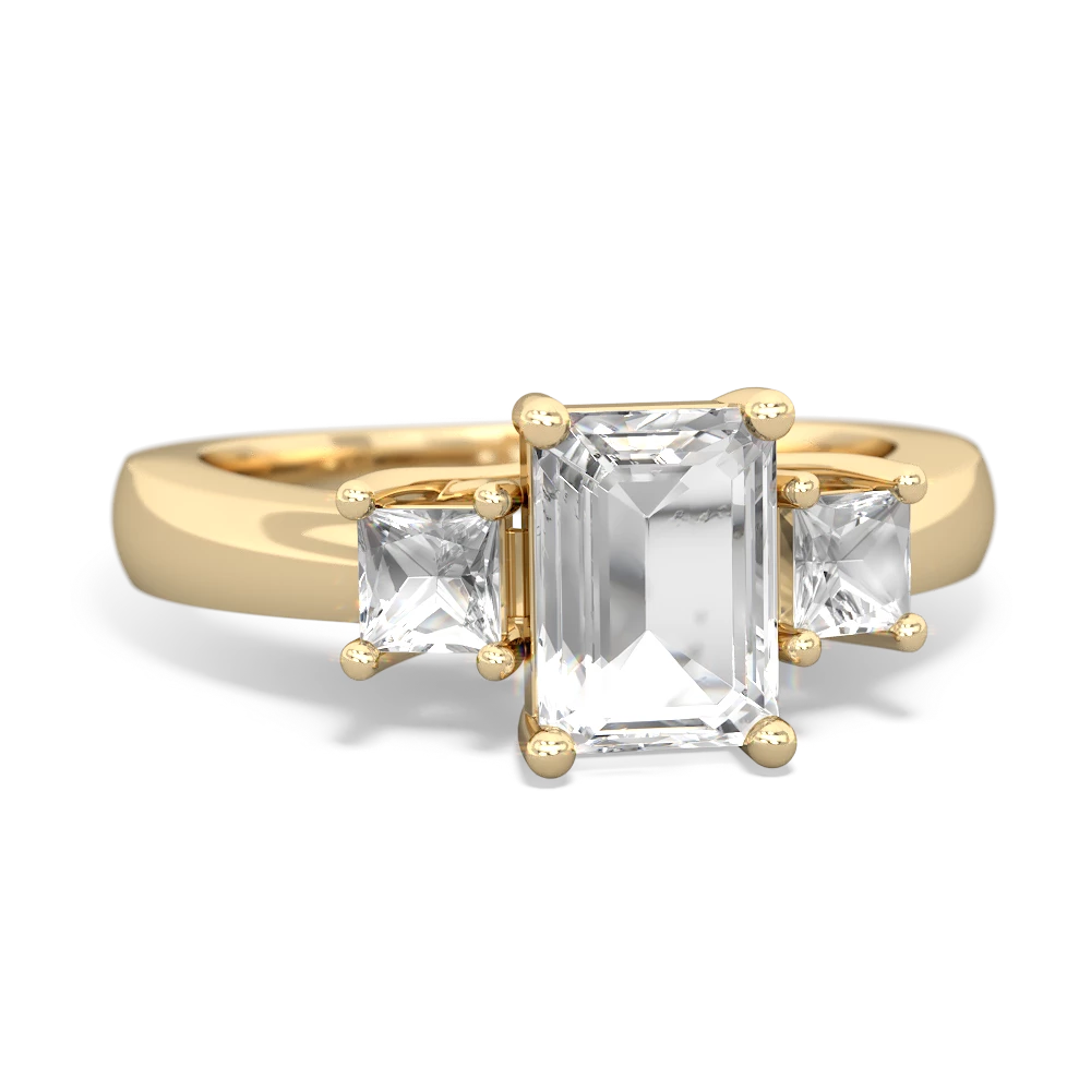 White Topaz Three Stone Emerald-Cut Trellis 14K Yellow Gold ring R4021