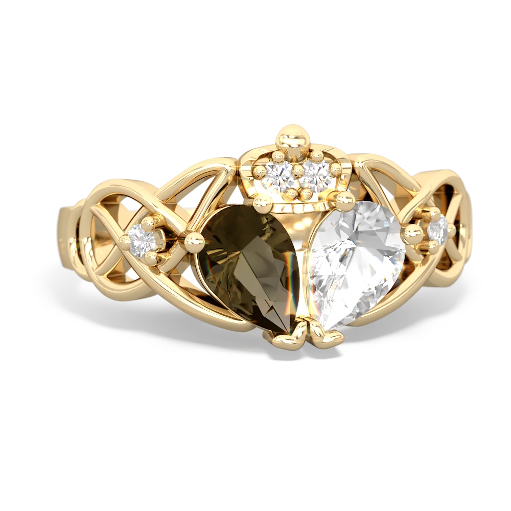 White Topaz 'One Heart' Celtic Knot Claddagh 14K Yellow Gold ring R5322