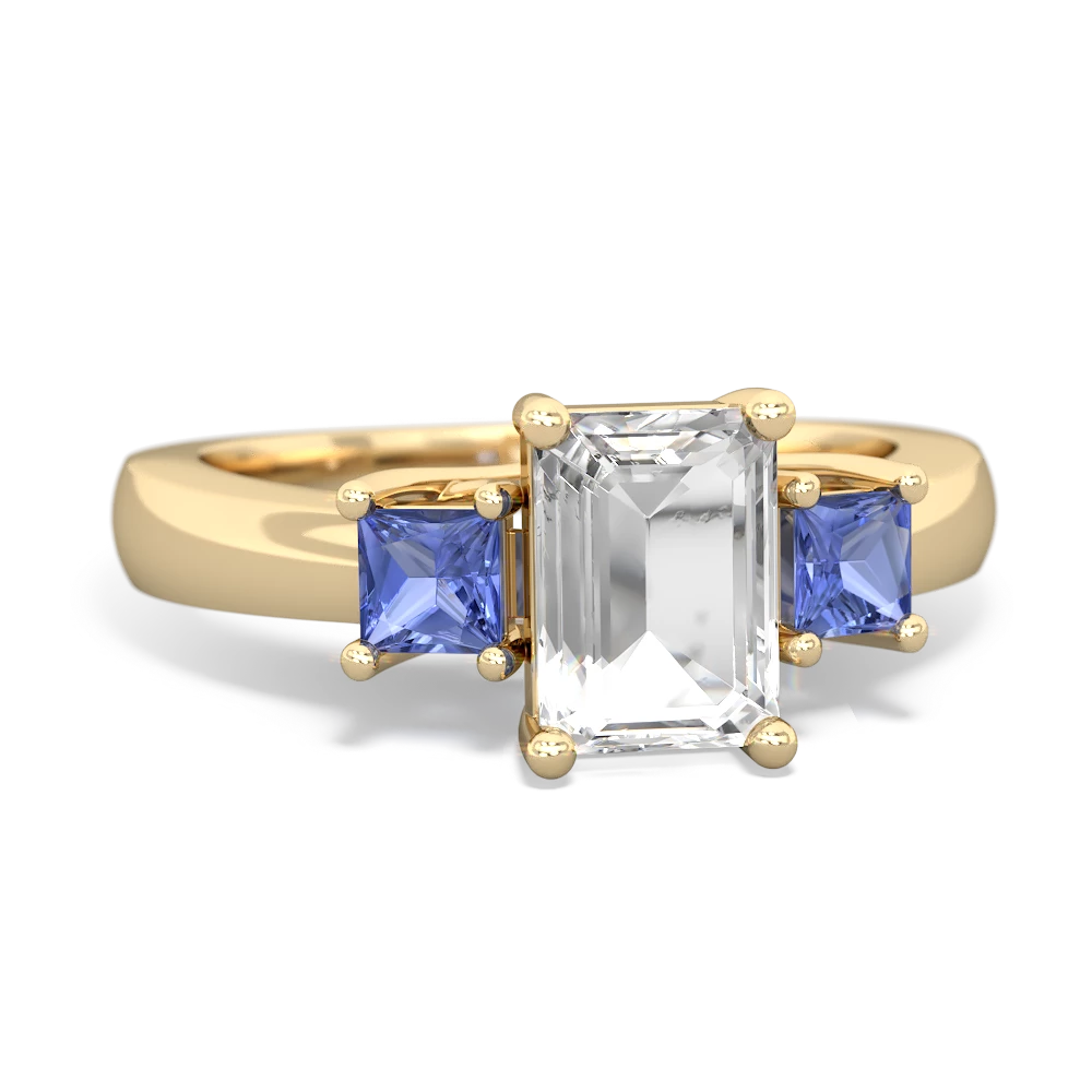 White Topaz Three Stone Emerald-Cut Trellis 14K Yellow Gold ring R4021