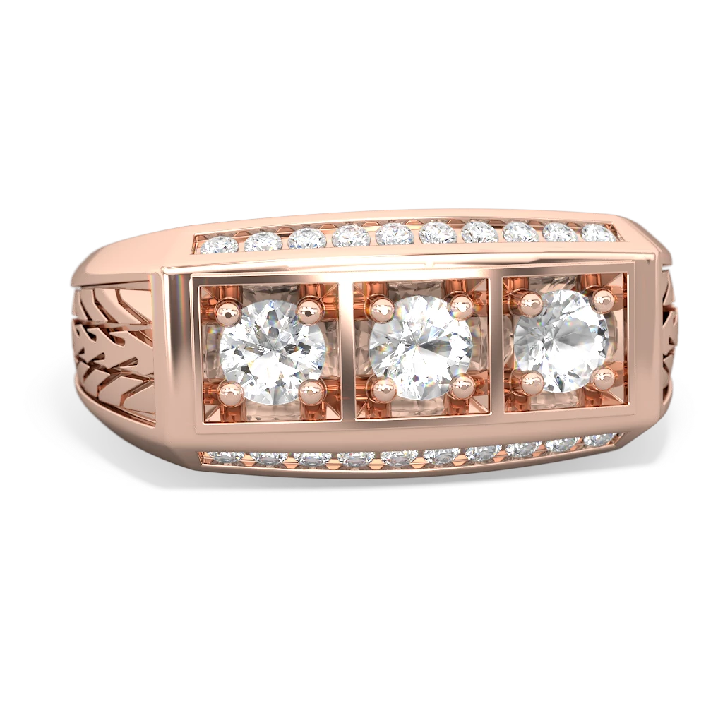 White Topaz Three Stone Tire Tread Men's 14K Rose Gold ring R0520