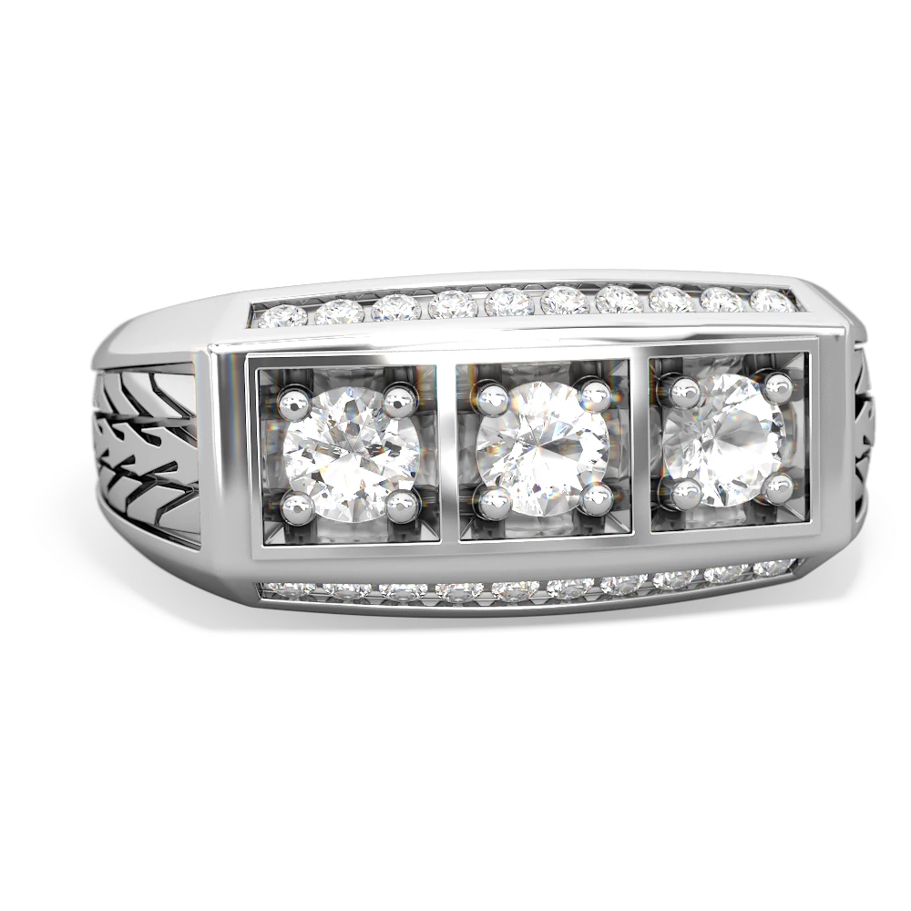 White Topaz Three Stone Tire Tread Men's 14K White Gold ring R0520