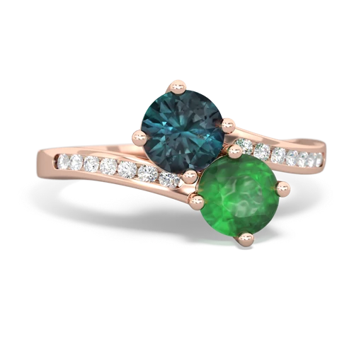 alexandrite-emerald two stone channel ring