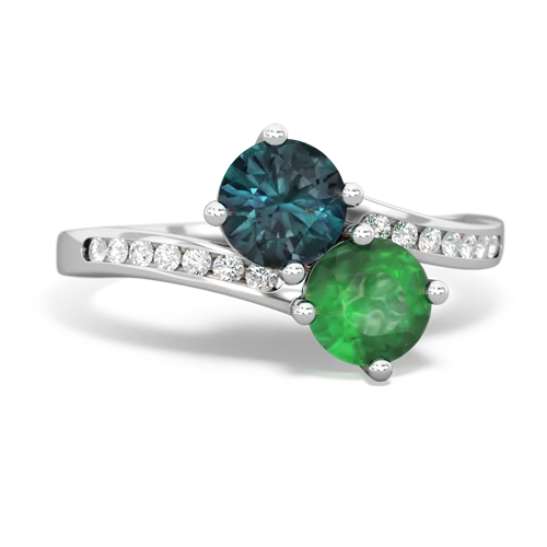 alexandrite-emerald two stone channel ring