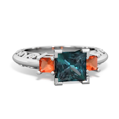 Lab Created Alexandrite with Genuine Fire Opal and Genuine Smoky Quartz Art Deco ring