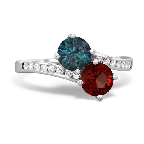 alexandrite-garnet two stone channel ring