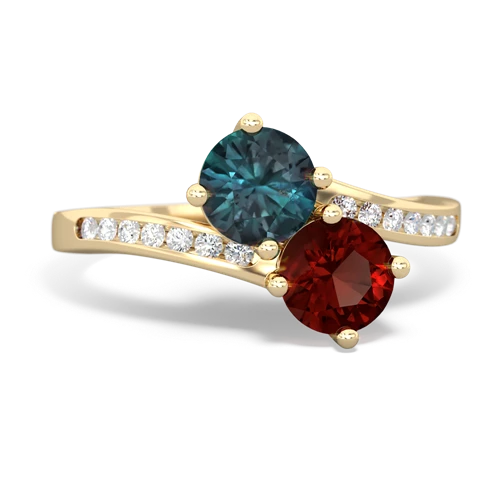 alexandrite-garnet two stone channel ring