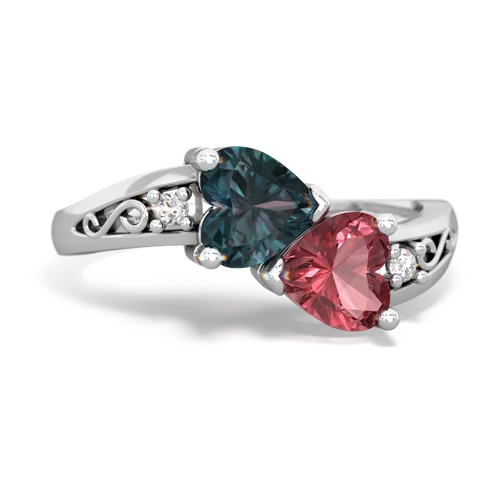 Lab Alexandrite Lab Created Alexandrite with Genuine Pink Tourmaline Snuggling Hearts ring Ring