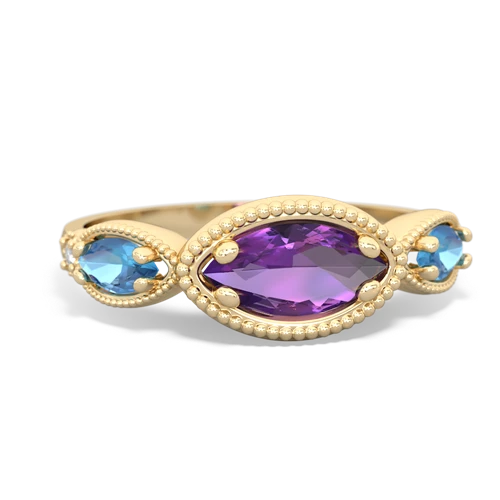 Amethyst Genuine Amethyst with Genuine Swiss Blue Topaz and Lab Created Emerald Antique Style Keepsake ring Ring