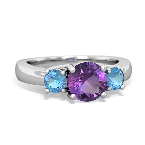 Amethyst Genuine Amethyst with Genuine Swiss Blue Topaz and Genuine Opal Three Stone Trellis ring Ring