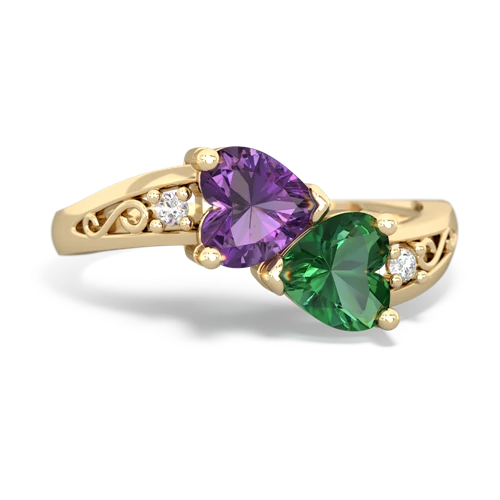 Amethyst Genuine Amethyst with Lab Created Emerald Snuggling Hearts ring Ring