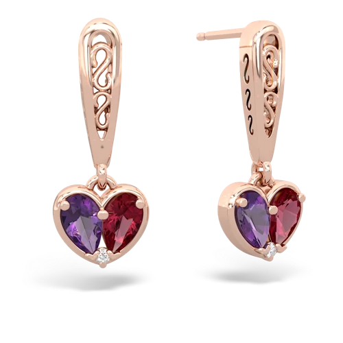 amethyst-lab ruby filligree earrings