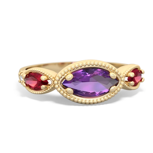 Genuine Amethyst with Lab Created Ruby and Genuine Ruby Antique Style Keepsake ring