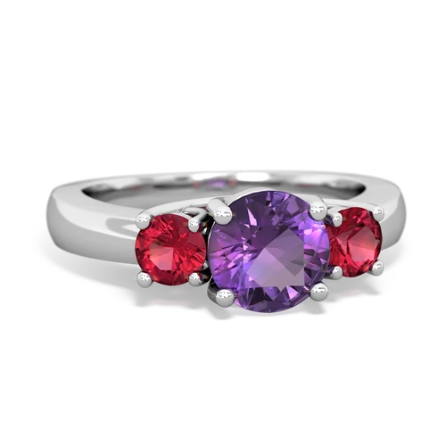 Genuine Amethyst with Lab Created Ruby and Genuine Ruby Three Stone Trellis ring