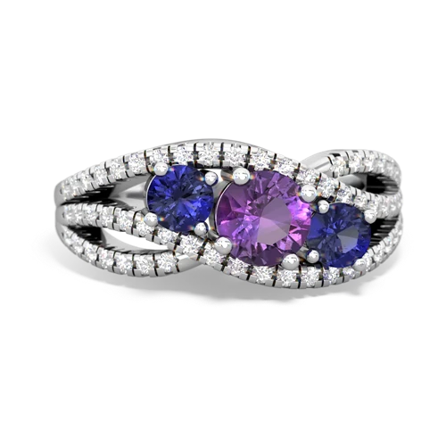 amethyst-lab sapphire three stone pave ring