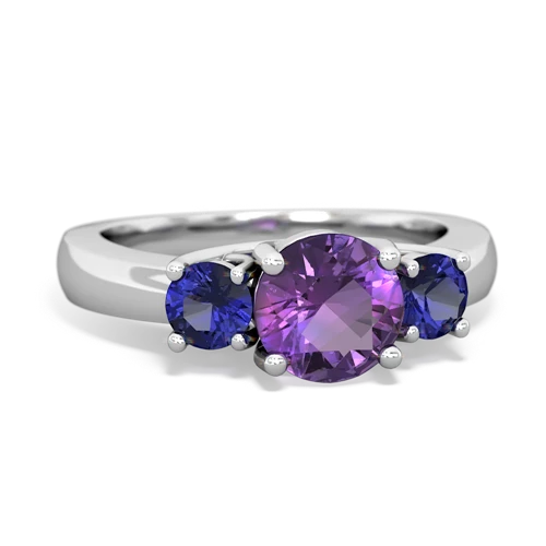Amethyst Genuine Amethyst with Lab Created Sapphire and Genuine Aquamarine Three Stone Trellis ring Ring