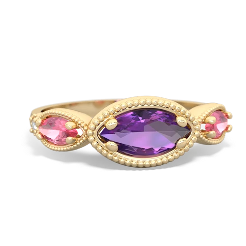 Genuine Amethyst with Lab Created Pink Sapphire and Lab Created Emerald Antique Style Keepsake ring