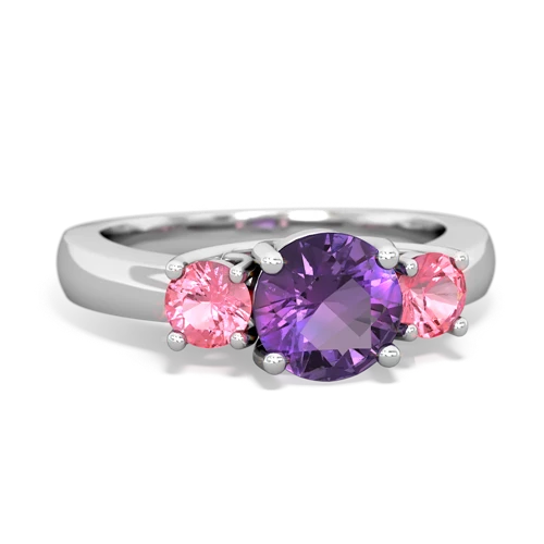 Genuine Amethyst with Lab Created Pink Sapphire and Lab Created Emerald Three Stone Trellis ring