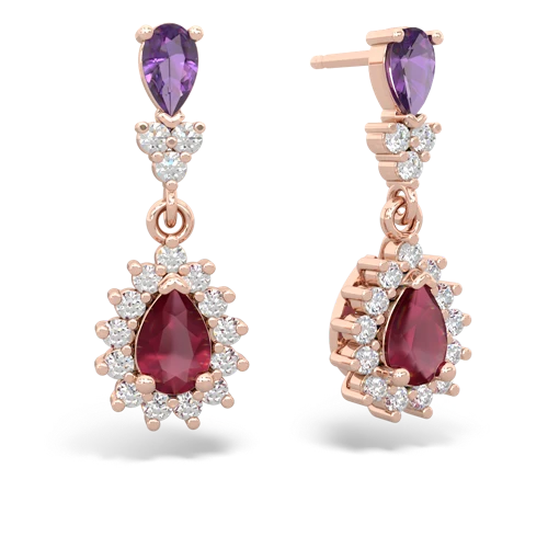 Amethyst Genuine Amethyst with Genuine Ruby Halo Pear Dangle earrings Earrings