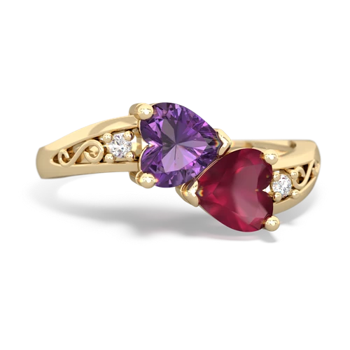 Genuine Amethyst with Genuine Ruby Snuggling Hearts ring