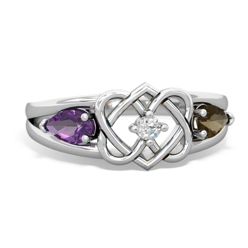 Genuine Amethyst with Genuine Smoky Quartz Hearts Intertwined ring