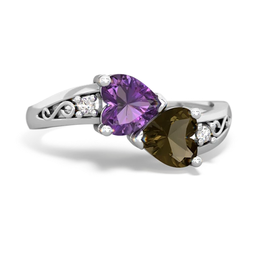 Genuine Amethyst with Genuine Smoky Quartz Snuggling Hearts ring
