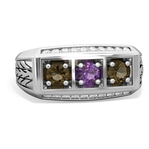 amethyst-smoky quartz three stone ring