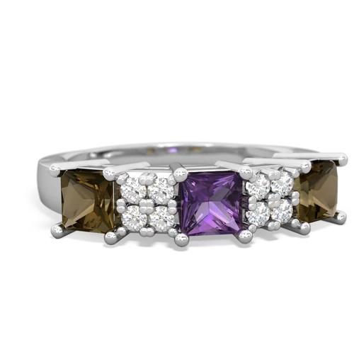 Genuine Amethyst with Genuine Smoky Quartz and  Three Stone ring