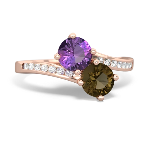 amethyst-smoky quartz two stone channel ring