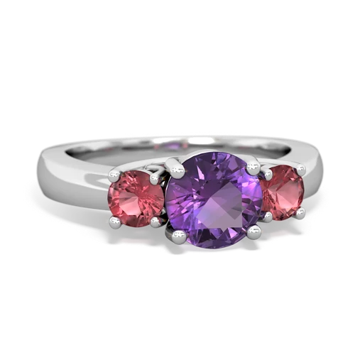 Amethyst Genuine Amethyst with Genuine Pink Tourmaline and Genuine Aquamarine Three Stone Trellis ring Ring