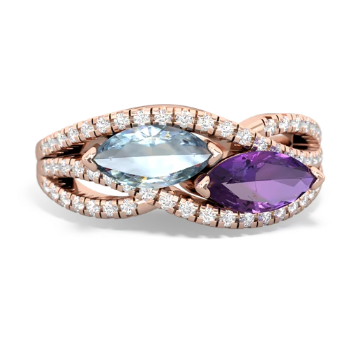 aquamarine-amethyst double heart ring