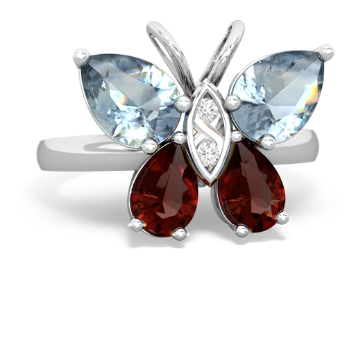 aquamarine-garnet butterfly ring