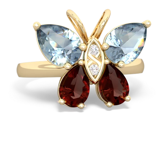 aquamarine-garnet butterfly ring