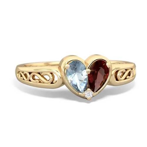 Genuine Aquamarine with Genuine Garnet filligree Heart ring
