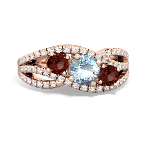 aquamarine-garnet three stone pave ring