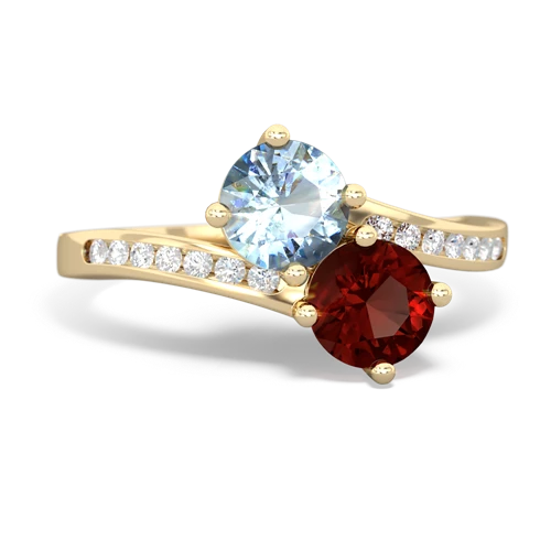 aquamarine-garnet two stone channel ring