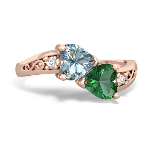Aquamarine Genuine Aquamarine with Lab Created Emerald Snuggling Hearts ring Ring