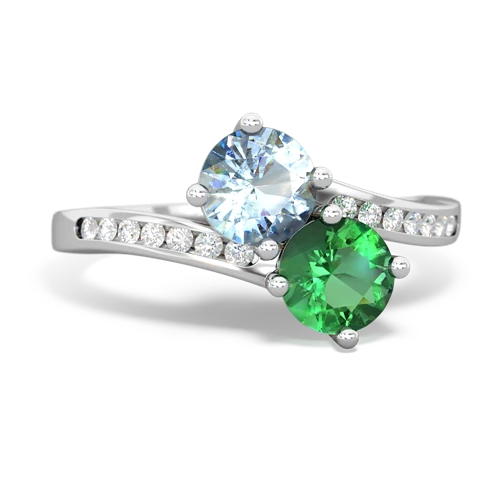 aquamarine-lab emerald two stone channel ring