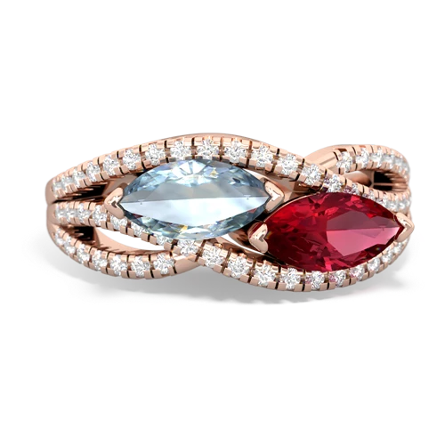 aquamarine-lab ruby double heart ring